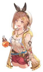 Rule 34 | 1girl, :d, atelier (series), atelier ryza, atelier ryza 1, belt, breasts, brown eyes, brown gloves, brown hair, cchhii3, cleavage, collarbone, gloves, hair ornament, hairclip, hat, highres, jewelry, large breasts, looking at viewer, navel, necklace, open mouth, red shorts, reisalin stout, short hair, short shorts, shorts, simple background, single glove, smile, solo, star (symbol), teeth, thighs, upper teeth only, white background, white hat