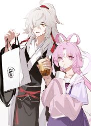 Rule 34 | 1boy, 1girl, :d, bag, bow-shaped hair, bubble tea, drink, drinking straw, drinking straw in mouth, forehead jewel, fu xuan (honkai: star rail), hair over one eye, hair ribbon, highres, holding, holding drink, honkai: star rail, honkai (series), jing yuan, long hair, looking at viewer, mole, mole under eye, open mouth, paper bag, parted bangs, pink eyes, pink hair, ponytail, red ribbon, ribbon, sash, shopping bag, simple background, smile, upper body, white background, white hair, wide sleeves, yellow eyes, yinro