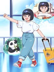 Rule 34 | 1girl, absurdres, aragon honnin, black hair, blue eyes, blush, chopsticks, closed mouth, day, denim, glasses, highres, holding, holding chopsticks, indoors, jeans, looking at viewer, open mouth, original, panda, pants, red footwear, rolling suitcase, round eyewear, shirt, shoes, short hair, short sleeves, smile, sneakers, solo, standing, suitcase, thought bubble, white shirt