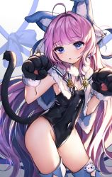 Rule 34 | 1girl, ahoge, animal ears, animal hands, armpits, azur lane, bare shoulders, black leotard, blue eyes, blue ribbon, blue thighhighs, capelet, cat ears, cat tail, covered navel, cowboy shot, fake animal ears, fur trim, gloves, highleg, highleg leotard, highres, kittysuit, latex, leotard, lerome, long hair, looking at viewer, nontraditional playboy bunny, parted lips, paw gloves, paw pose, purple hair, ribbon, solo, standing, tail, tashkent (azur lane), thighhighs, thighs, very long hair