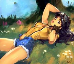 Rule 34 | 1girl, :p, black hair, blue shorts, breasts, denim, denim shorts, flower, gloves, goggles, goggles on head, grass, katsuragi misato, long hair, looking at viewer, lying, neon genesis evangelion, open clothes, open fly, open shirt, open shorts, optionaltypo, outdoors, short sleeves, shorts, signature, solo, tongue, tongue out, tree, unzipped, water
