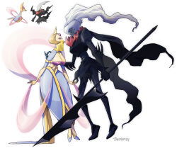 Rule 34 | 1boy, 1girl, absurdres, armor, black armor, black cape, black tunic, blonde hair, blue eyes, blue skirt, breasts, brooch, cape, cleavage, colored skin, creatures (company), cresselia, crown, darkrai, game freak, gen 4 pokemon, grey skin, highres, jewelry, large breasts, legendary pokemon, long hair, looking at another, mythical pokemon, nintendo, personification, pink shawl, pokemon, polearm, purple eyes, ring, shawl, skirt, spear, tamtamdi, tiptoes, weapon, white hair