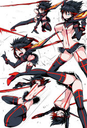 Rule 34 | 1girl, ass, black hair, blue eyes, boots, breasts, high heel boots, high heels, highres, kill la kill, large breasts, matoi ryuuko, motion blur, multicolored hair, multiple views, red hair, revealing clothes, scissor blade (kill la kill), short hair, simple background, skirt, thigh boots, thighhighs, underboob, weapon, white background