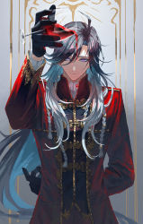 Rule 34 | 1boy, ahoge, alcohol, arm behind back, arm up, bishounen, black gloves, black hair, black shirt, braid, closed mouth, cup, direttore (piofiore no bansho), drinking glass, egggg233333, eyelashes, floating hair, gloves, gold trim, gradient hair, grey background, grey hair, hair between eyes, highres, holding, holding cup, jacket, long hair, long sleeves, looking at viewer, male focus, multicolored hair, multiple braids, open clothes, open jacket, parted bangs, piofiore no bansho, pouring, purple eyes, red jacket, shirt, sidelocks, smile, solo, standing, swept bangs, upper body, very long hair, white hair, wine, wine glass