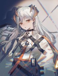 Rule 34 | 1girl, arknights, black skirt, chromatic aberration, closed mouth, coat, commentary, dragon horns, ear piercing, expressionless, eyelashes, female focus, high-waist skirt, highres, holding, holding shield, horns, id card, kyikyi, lips, long hair, looking at viewer, orange eyes, piercing, saria (arknights), shadow, shield, silver hair, skirt, solo, strap, upper body, white coat