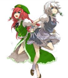 Rule 34 | 2girls, bad id, bad pixiv id, blue eyes, braid, embodiment of scarlet devil, female focus, hairband, hat, hong meiling, izayoi sakuya, kuzumiya yuyu, maid, multiple girls, red hair, short hair, skirt, touhou, twin braids, white background, white hair