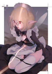 Rule 34 | 1girl, apron, black bow, black bra, black gloves, black panties, blonde hair, blush, bow, bowtie, bra, bra peek, breasts, character request, cleavage, dragon quest, dragon quest x, fairy wings, female masturbation, glasses, gloves, highres, indoors, kaede (sayappa), long sleeves, maid, maid headdress, masturbation, no shoes, open mouth, panties, panty pull, peeking, pince-nez, pointy ears, red panties, short hair, small breasts, solo, sweat, thighhighs, underwear, waist apron, white apron, white thighhighs, wings, wooden floor