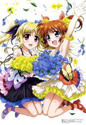 Rule 34 | 2girls, :d, absurdres, arm up, armpits, bare shoulders, black dress, blonde hair, blush, bouquet, bow, brown hair, celebration, collarbone, confetti, dress, elbow gloves, fate testarossa, flower, flower request, gloves, hair flower, hair ornament, hair ribbon, hashidate kana, highres, jumping, long hair, looking at viewer, lyrical nanoha, magazine scan, mahou shoujo lyrical nanoha, mahou shoujo lyrical nanoha detonation, multiple girls, official art, open mouth, purple eyes, red eyes, ribbon, scan, short twintails, sidelocks, smile, takamachi nanoha, twintails, white background, yellow dress