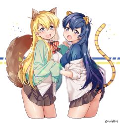 Rule 34 | 10s, 2girls, :d, :o, ahoge, animal ears, antenna hair, ass, bad id, bad pixiv id, black panties, blue eyes, blue hair, blue shirt, bow, bowtie, breasts, cardigan, clothes lift, collared shirt, cropped legs, dog ears, dog tail, dress shirt, eyebrows, f6 (osomatsu-san), fang, from side, genderswap, genderswap (mtf), hair between eyes, hands in opposite sleeves, jacket, light particles, long hair, matsuno jyushimatsu, matsuno karamatsu, medium breasts, mery (yangmalgage), miniskirt, multiple girls, off shoulder, open mouth, osomatsu-kun, osomatsu-san, panties, pleated skirt, school uniform, shirt, skirt, skirt lift, sleeves past wrists, sleeves rolled up, smile, striped bow, striped bowtie, striped clothes, striped neckwear, tail, tiger ears, tiger tail, triangle, twitter username, undershirt, underwear, white background, white shirt