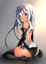 Rule 34 | 1girl, ass, back cutout, bad id, bad pixiv id, bare shoulders, black gloves, black thighhighs, breasts, clothing cutout, commentary request, dark-skinned female, dark skin, elbow gloves, from behind, gloves, green eyes, hair ribbon, looking to the side, medium hair, moe2021, monokuro (pixiv65883352), no shoes, original, ribbon, sitting, small breasts, solo, thighhighs, underboob, wariza, white hair