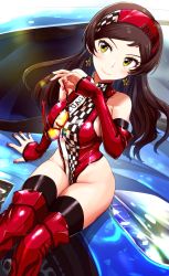 Rule 34 | 1girl, black thighhighs, boots, breasts, brown eyes, brown hair, car, company connection, detached sleeves, druaga no tou, dutch angle, earrings, fingerless gloves, gloves, hairband, highleg, highleg leotard, highres, idolmaster, idolmaster million live!, jewelry, kitazawa shiho, large breasts, leotard, long hair, motor vehicle, namco, race queen, red leotard, run p (aveton), sitting, sleeves past wrists, solo, sports sunglasses, star (symbol), star earrings, sunglasses, thigh boots, thighhighs, unworn eyewear, yellow eyes