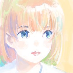Rule 34 | 1girl, blonde hair, blue eyes, blush, close-up, highres, medium hair, nazo no anime-dan, original, portrait, solo, yellow background