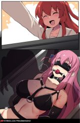 Rule 34 | :d, ball gag, bdsm, blindfold, blush, bocchi the rock!, box, breasts, casket, collar, collarbone, cube hair ornament, elbow gloves, gag, gagged, garter belt, garter straps, gloves, gotoh hitori, hair ornament, harness, heavy breathing, highres, hinghoi, kita ikuyo, large breasts, latex, long hair, lying, open mouth, pale skin, pink hair, red hair, restrained, shadow, smile, variant set, wiffle gag