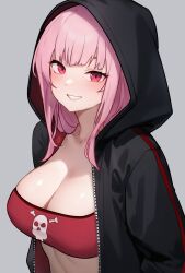 Rule 34 | 1girl, absurdres, alternate costume, bandeau, black jacket, bluefield, breasts, cleavage, commentary, grey background, highres, hololive, hololive english, hood, hood up, hooded jacket, jacket, large breasts, long hair, looking at viewer, mori calliope, open clothes, open jacket, parted lips, pink hair, red eyes, skull and crossbones, skull print, smile, solo, teeth, upper body, virtual youtuber