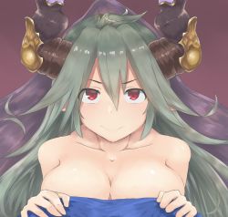 Rule 34 | 10s, 1girl, breasts, closed mouth, collarbone, covering privates, granblue fantasy, green hair, highres, horns, naked towel, nude, nude cover, red eyes, reisu (jjkxb227), solo, threo (granblue fantasy), towel, upper body