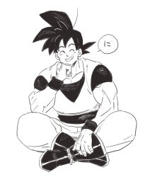 Rule 34 | 1boy, ^ ^, amepati, ankle boots, baggy pants, belt, black belt, black footwear, black hair, boots, clenched hand, clenched teeth, closed eyes, dougi, dragon ball, dragonball z, elbow on knee, elbow rest, closed eyes, facing viewer, fingernails, full body, grin, hand on own leg, happy, head rest, highres, indian style, male focus, martial arts belt, monochrome, muscular, pants, pectorals, simple background, sitting, smile, solo, son goku, speech bubble, spiked hair, teeth, translation request, white background, wristband