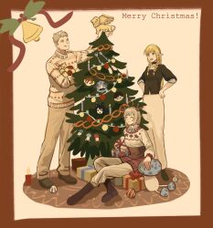 Rule 34 | 1boy, 2girls, :d, :q, ^ ^, ball, bell, black shirt, blonde hair, boots, border, box, braid, brother and sister, candle, carpet, character doll, chilchuck tims, choker, christmas ornaments, christmas tree, closed eyes, crown braid, dress, dungeon meshi, elf, fake antlers, falin thorden, feathers, fork, full body, gift, gift box, grey eyes, grey hair, grey pants, hands on own hips, highres, holding, izutsumi, laios thorden, long hair, looking at another, looking up, marcille donato, multiple girls, open mouth, outstretched arm, pants, pointy ears, senshi (dungeon meshi), shirt, shoe soles, shoes, short hair, siblings, simple background, sleeves rolled up, smile, spoon, standing, sweater, tongue, tongue out, turtleneck, turtleneck sweater, twin braids, walking mushroom (dungeon meshi), white dress, winged lion (dungeon meshi), xiiiiiiiii