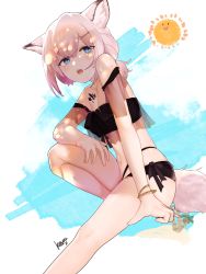 Rule 34 | 1girl, absurdres, animal ears, arknights, bikini, black bikini, blue eyes, blush, bracelet, brown hair, commentary, foot out of frame, fox ears, fox girl, fox tail, highres, jewelry, knee up, looking at viewer, material growth, navel, off-shoulder bikini, off shoulder, official alternate costume, open mouth, oripathy lesion (arknights), scdz2344, short hair, short twintails, solo, stomach, sun, sussurro (arknights), sussurro (summer flower) (arknights), swimsuit, tail, twintails