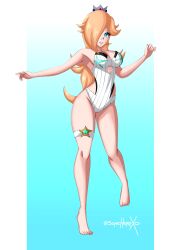 Rule 34 | 1girl, absurdres, alternate costume, blue eyes, breasts, cosplay, crossover, female focus, highres, looking at viewer, mario (series), medium breasts, mythra (radiant beach) (xenoblade), mythra (xenoblade), mythra (xenoblade) (cosplay), nintendo, rosalina, solo, sonicheroxd, super mario galaxy, super smash bros., xenoblade chronicles (series), xenoblade chronicles 2