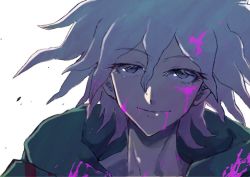 Rule 34 | 1boy, blood, blood on face, close-up, closed mouth, commentary request, danganronpa (series), danganronpa 2: goodbye despair, green jacket, hair between eyes, hood, hooded jacket, jacket, komaeda nagito, looking at viewer, male focus, pink blood, portrait, short hair, signature, simple background, smile, solo, tsunemi aosa, white background