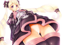 Rule 34 | 1girl, armor, armored dress, bar censor, black gloves, blonde hair, bow, breastplate, censored, clothes lift, dress, dress lift, drill hair, elise (fire emblem), fire emblem, fire emblem fates, from below, gloves, gradient background, hair bow, lips, looking at viewer, nintendo, no panties, pink bow, purple bow, pussy, ringlets, simple background, solo, teruru, thighhighs, thighs, twin drills, twintails, upskirt, white background