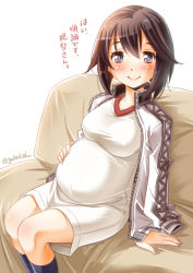 Rule 34 | 10s, 1girl, black hair, check translation, couch, hayasui (kancolle), highres, jacket, jewelry, kantai collection, maternity dress, open clothes, open jacket, pregnant, purple eyes, ring, short hair, sitting, sogabe toshinori, solo, track jacket, translation request, wedding band