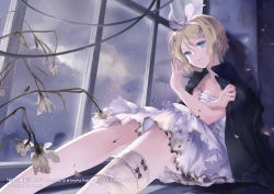 Rule 34 | 1girl, artist name, bandages, blonde hair, blue eyes, burnt clothes, cloud, cloudy sky, comet (teamon), copyright name, crying, dress, flower, hair ornament, hair ribbon, hairclip, indoors, injury, jacket, jacket on shoulders, kagamine rin, open clothes, open jacket, rain, ribbon, short hair, sitting, sky, solo, tears, vocaloid, white dress, window, windowsill
