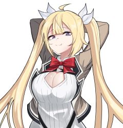 Rule 34 | 1girl, :3, ahoge, arms behind head, blonde hair, blunt bangs, bow, breasts, cleavage, cleavage cutout, closed mouth, clothing cutout, counter:side, eyelashes, fang, fang out, forehead, hair bow, hair ribbon, highres, korean commentary, large breasts, long hair, looking at viewer, open clothes, purple eyes, red bow, ribbon, rinsutachio, simple background, solo, split mouth, twintails, upper body, white background