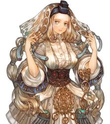 1girl artist_request bad_source blonde_hair blue_eyes breasts headband jewelry kabbalist_master libgar_hippathia light_smile long_hair multi-tied_hair official_art tefillin third-party_source transparent_background tree_of_savior veil