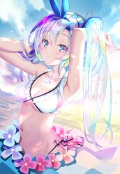 Rule 34 | 1girl, armpits, arms up, bare arms, bare shoulders, bikini, blue eyes, blue hair, breasts, cleavage, closed mouth, collarbone, day, flower, frilled bikini, frills, hair ribbon, highres, iridescent, jewelry, kousetsu samonji (tenka hyakken), long hair, looking at viewer, medium breasts, navel, necklace, outdoors, pink flower, ribbon, sarong, sho (runatic moon), side-tie bikini bottom, side ponytail, solo, stomach, string bikini, swimsuit, tenka hyakken, white bikini