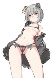 Rule 34 | 1girl, bare shoulders, bikini, black bikini, breasts, breasts apart, bu4321, cameltoe, character request, closed mouth, copyright request, explorer (azur lane), feet out of frame, gluteal fold, grey hair, grey jacket, groin, headpiece, jacket, looking at viewer, looking down, navel, short hair, simple background, small breasts, solo, standing, string bikini, swimsuit, white background, yellow eyes