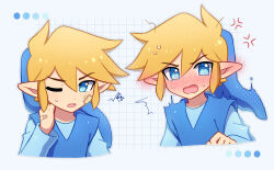 Rule 34 | 1boy, ^^^, anger vein, bandaid, bandaid on cheek, bandaid on face, bandaid on hand, blonde hair, blue background, blue eyes, blue shirt, blue tunic, blush, color guide, commentary, ear blush, embarrassed, english commentary, enni, hair between eyes, hair strand, hand on own neck, hand up, highres, link, long sleeves, looking at viewer, male focus, multiple views, nintendo, nose blush, one eye closed, open mouth, pointy ears, shirt, short hair, sidelocks, simple background, squiggle, sweat, sweatdrop, the legend of zelda, the legend of zelda: four swords, tunic, upper body
