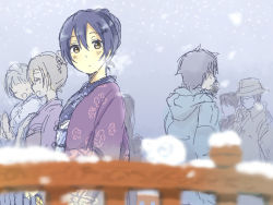 Rule 34 | bad id, bad pixiv id, blue hair, commentary request, floral print, hair between eyes, hair bun, japanese clothes, joint06, kimono, long hair, looking at viewer, love live!, love live! school idol project, single hair bun, snow, solo focus, sonoda umi, yellow eyes