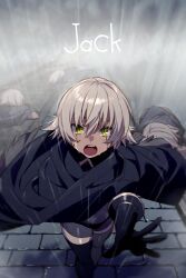 Rule 34 | 1girl, black cloak, black gloves, black shorts, black thighhighs, breasts, character name, cloak, echo (circa), facial scar, fate/apocrypha, fate (series), gloves, green eyes, hair between eyes, jack the ripper (fate/apocrypha), looking at viewer, open mouth, rain, scar, scar across eye, scar on cheek, scar on face, short hair, shorts, small breasts, solo focus, thighhighs, thighs, white hair