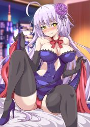 Rule 34 | 1girl, ahoge, black gloves, black thighhighs, blush, breasts, cleavage, commentary, commentary request, covered navel, dress, fate/grand order, fate (series), flower, gloves, grey hair, hair flower, hair ornament, high heels, highres, jeanne d&#039;arc alter (fate), large breasts, long hair, looking at viewer, neck ribbon, panties, purple dress, purple flower, red panties, red ribbon, ribbon, shimouki izui, solo, thighhighs, underwear, very long hair, yellow eyes