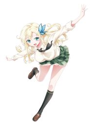 Rule 34 | 1girl, aqua eyes, arms at sides, black necktie, black socks, blonde hair, boku wa tomodachi ga sukunai, breasts, butterfly hair ornament, collared shirt, fang, full body, green skirt, hair ornament, highres, kashiwazaki sena, kneehighs, lace, lace-trimmed skirt, lace trim, large breasts, leaning forward, loafers, long hair, looking at viewer, necktie, official art, open mouth, plaid, plaid skirt, pleated skirt, school uniform, shirt, shoes, simple background, skirt, smile, socks, solo, st. chronica academy school uniform, thighs, watanabe yoshihiro, white background, white shirt