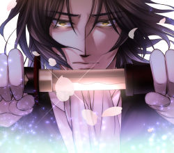 Rule 34 | 10s, 1boy, brown eyes, brown hair, drifters, hatori mia, highres, hijikata toshizou (drifters), holding, holding sword, holding weapon, katana, looking at viewer, male focus, matching hair/eyes, petals, sheath, simple background, solo, sword, unsheathing, upper body, weapon, white background