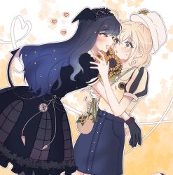 2girls animal_ears azusawa_kohane black_dress black_gloves black_hair blonde_hair blue_hair blue_skirt bouquet commentary_request demon_tail dress fang flower gloves gradient_hair grey_eyes ham_star_vivid hat heart heart_of_string holding holding_bouquet korean_commentary looking_at_another multicolored_hair multiple_girls open_mouth orange_eyes outline project_sekai shiraishi_an shirt short_sleeves short_twintails skirt smile sunflower tail twintails white_background white_hat white_outline yellow_background yellow_flower yellow_shirt yuri