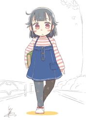 Rule 34 | 1girl, :o, ahoge, black hair, black pantyhose, blue dress, blunt bangs, blush stickers, book, child, commentary request, dress, full body, holding, holding book, long sleeves, original, pantyhose, pinafore dress, print pantyhose, red eyes, shirt, shoes, short hair, signature, sleeveless, sleeveless dress, solo, standing, striped clothes, striped shirt, tsukigi, white footwear