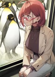 Rule 34 | 1girl, 92m, absurdres, ahoge, animal, bird, breasts, brown sweater, commentary request, glasses, highres, jacket, jewelry, kinshi no ane (92m), large breasts, long sleeves, necklace, original, pants, penguin, pink-framed eyewear, red hair, semi-rimless eyewear, short hair, smile, solo, squatting, sweater, turtleneck, turtleneck sweater, under-rim eyewear, white jacket, white pants