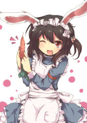 Rule 34 | 1girl, alternate costume, animal ears, apron, bad id, bad pixiv id, black hair, rabbit ears, carrot, enmaided, female focus, highres, inaba tewi, maid, maid apron, nejime, one eye closed, open mouth, red eyes, short hair, solo, touhou, wink