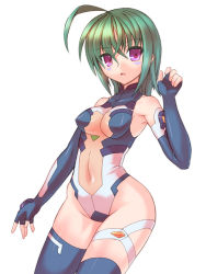 Rule 34 | 00s, 1girl, :o, ahoge, armpits, bare shoulders, blue gloves, blue thighhighs, bodysuit, breasts, covered erect nipples, covered navel, cowboy shot, elbow gloves, facial mark, fingerless gloves, gloves, green hair, groin, hair between eyes, halterneck, hand up, highleg, highleg leotard, hip bones, hip focus, impossible clothes, impossible leotard, kannagi itsuki, leotard, looking at viewer, navel, open mouth, pilot suit, purple eyes, short hair, simple background, solo, sora wo kakeru shoujo, thigh strap, thighhighs, turtleneck, white background, yukimura tsubame