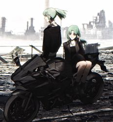 Rule 34 | 1boy, 1girl, aged up, black dress, black jacket, dress, green hair, hand in own hair, hand up, high ponytail, jacket, jewelry, long hair, lua (yu-gi-oh!), luca (yu-gi-oh!), motor vehicle, motorcycle, naoki (2rzmcaizerails6), necklace, open clothes, open jacket, ponytail, rubble, ruins, shoes, siblings, sitting, standing, twins, yellow eyes, yu-gi-oh!, yu-gi-oh! 5d&#039;s