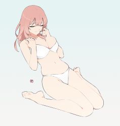 Rule 34 | 1girl, bare arms, bare shoulders, barefoot, bra, breasts, cleavage, closed eyes, closed mouth, grey background, hand on own shoulder, inui shinju, large breasts, leaning back, long hair, navel, panties, pink hair, signature, simple background, sitting, solo, sono bisque doll wa koi wo suru, stomach, underwear, underwear only, wariza, white background, white bra, white panties, yan wan