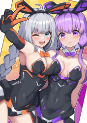 Rule 34 | 2girls, absurdres, ahoge, animal ears, arm around back, armpits, arms behind back, asymmetrical docking, bare shoulders, blue eyes, blush, bow, bowtie, breast envy, breast press, breasts, breasts apart, chinese zodiac, cleavage, collarbone, covered navel, detached collar, elbow gloves, fake animal ears, frown, gloves, gluteal fold, grey hair, highres, kizuna akari, large breasts, long hair, looking at viewer, multiple girls, nise no tsubo, nontraditional playboy bunny, one eye closed, open mouth, orange bow, orange bowtie, purple bow, purple bowtie, purple eyes, purple hair, rabbit ears, sidelocks, small breasts, smile, traditional bowtie, unamused, v, very long hair, voiceroid, wide hips, year of the rabbit, yuzuki yukari