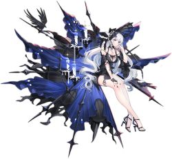 Rule 34 | 1girl, ark order, bare legs, bird, black choker, black dress, black footwear, black gloves, black hat, black nails, blue eyes, blue fire, breasts, bridal gauntlets, candle, choker, closed mouth, crow, detached sleeves, dress, duzie e, earrings, expressionless, fire, full body, gloves, hat, high heels, highres, jewelry, lace, lace gloves, large breasts, looking at viewer, nail polish, nyx (ark order), official art, shoes, sitting, solo, sparkle, tachi-e, thigh strap, transparent background, white hair, wide sleeves