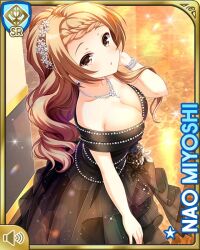 Rule 34 | 1girl, :o, bare arms, black dress, braid, breasts, brown eyes, brown hair, card medium), character name, cleavage, dress, girlfriend (kari), indoors, jewelry, long hair, mansion, miyoshi nao, night, official art, open mouth, qp:flapper, solo, standing, tagme