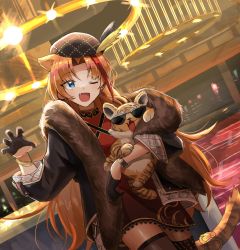 Rule 34 | 1girl, absurdres, animal ears, arknights, blonde hair, blue eyes, claw pose, coat, dress, fang, fang out, fur-trimmed coat, fur trim, gloves, hat, highres, kobarisusuz, long hair, multicolored hair, official alternate costume, one eye closed, open mouth, red dress, red hair, solo, streaked hair, sunglasses, swire (arknights), swire (honor and splendor) (arknights), tail, tiger, tiger ears, tiger girl, tiger tail, very long hair