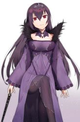 Rule 34 | 1girl, breasts, brown pantyhose, collarbone, commentary request, dress, fate/grand order, fate (series), feather trim, gradient background, grey background, hair between eyes, head tilt, headpiece, highres, holding, holding wand, large breasts, long hair, long sleeves, looking at viewer, pantyhose, parted lips, purple dress, purple hair, red eyes, scathach (fate), scathach skadi (fate), see-through, shibainu, sidelocks, sleeves past wrists, solo, standing, standing on one leg, very long hair, wand, white background, wide sleeves