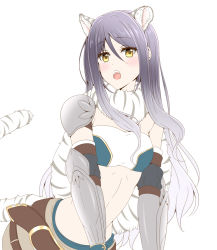 Rule 34 | 1girl, animal ears, blush, breasts, extra ears, female focus, long hair, midriff, open mouth, princess connect!, roaru (gyuren), shiori (princess connect!), skirt, small breasts, solo, tail, tiger ears, tiger girl, tiger tail, yellow eyes